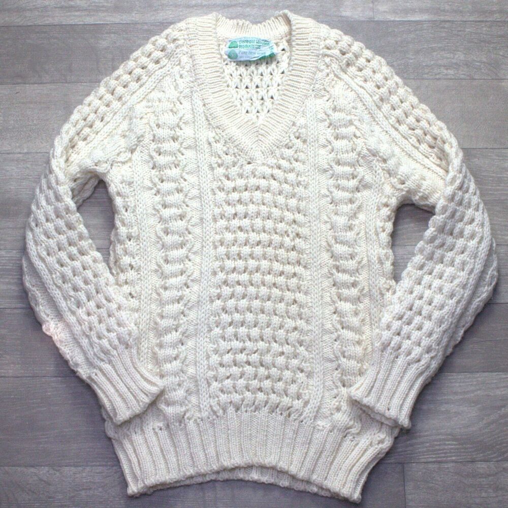 Donegal Wool Fisherman Sweater Ireland Cable Knit Cream Mens Size 40 Vintage